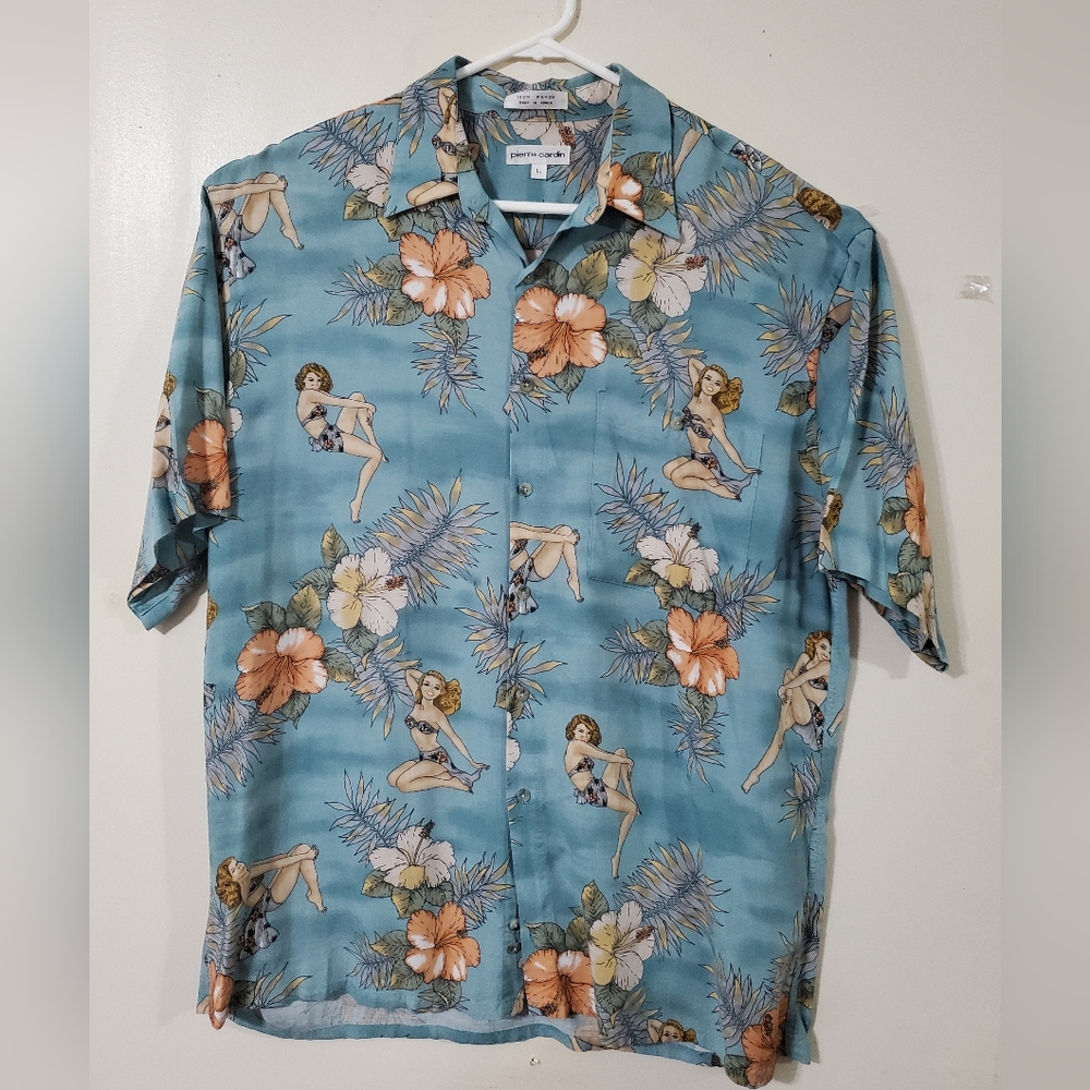 Vintage Pierre Cardin Pin-up Girl Hawaiian Shirt L